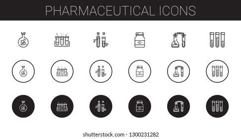 pharmaceutical icons set. Collection of pharmaceutical with flask, test tube, medicine. Editable and scalable pharmaceutical icons.