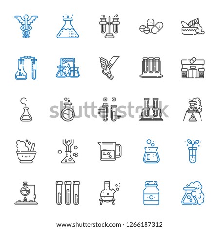 pharmaceutical icons set. Collection of pharmaceutical with flask, medicine, test tube, beaker, mortar, pharmacy, test tubes, hermes. Editable and scalable pharmaceutical icons.