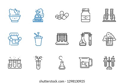 pharmaceutical icons set. Collection of pharmaceutical with tubes, beaker, flask, test tube, test tubes, syrup, medicine, pills, mortar. Editable and scalable pharmaceutical icons.