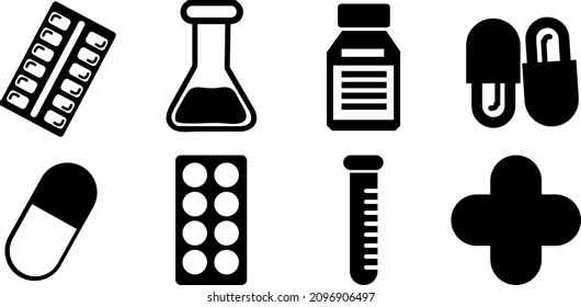 Pharmaceutical icons set. set of pharmaceutical filled icons such as test tube, pill, medical bottle, ampoule, medical pills, medicine, pharmacy.eps