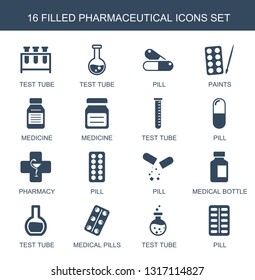 pharmaceutical icons. Trendy 16 pharmaceutical icons. Contain icons such as test tube, pill, paints, medicine, pharmacy, medical bottle. pharmaceutical icon for web and mobile.