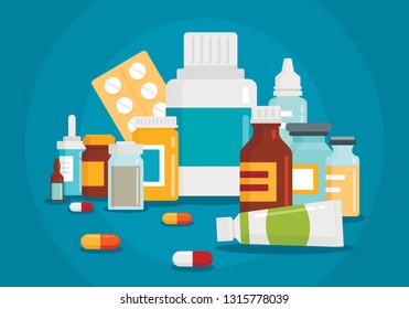 Pharmaceutical illustration of medical bottles and pills on blue background. Medical cure and flat medicament and vitamin with shadow