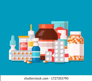 Pharmaceutical illustration of medical bottles and pills on blue background. Medical cure and flat medicament and vitamin with shadow