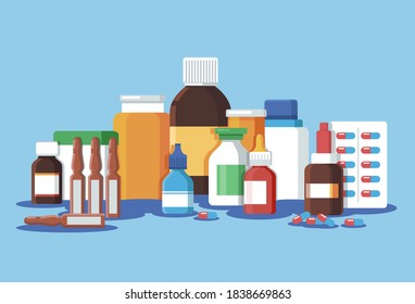 Pharmaceutical illustration of medical bottles and pills on blue background. Medical cure and flat medicament and vitamin with shadow.