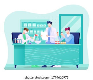 Pharmaceutical Illustration, Scientist doing Research in Laboratory. This illustration can be use for website, landing page, web, app, and banner.