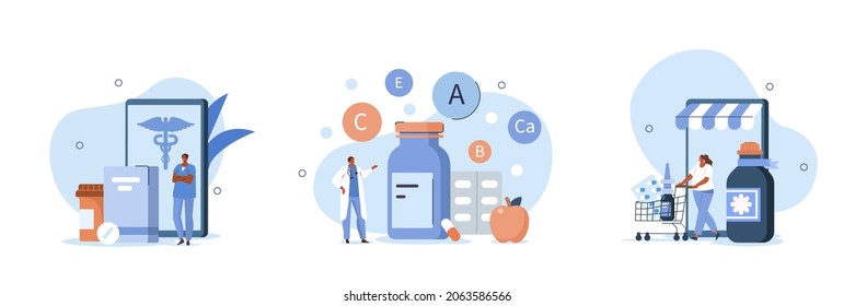 Pharmaceutical illustration set. People buying pills, bottles, vitamins and other medicaments in online drugstore on smartphone. Pharmacy store and online medicine concept. Vector illustration.