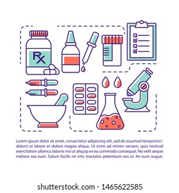 Pharmaceutical industry article page vector template. Drug retail. Brochure, magazine, booklet design element with linear icons and text boxes. Print design. Concept illustrations with text space 