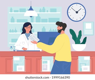 Pharmaceutical industry. Customer male character standing near cashier desk, holding Medical Prescription. Doctor pharmacist consulting bearded man in pharmacy store. Flat cartoon vector illustration