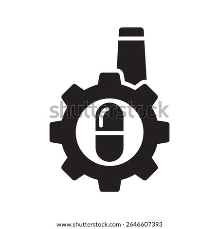 Pharmaceutical industry icon with a pill inside a gear representing medical drug manufacturing and the process of medicine production vector solid glyph icon
