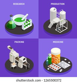 Pharmaceutical industry innovative technologies concept 4 isometric icons composition with scientific research production packing medicine vector illustration