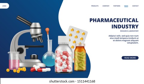 Pharmaceutical industry landing page. Medicine, research laboratory vector web banner. Realistic pills and lab equipment