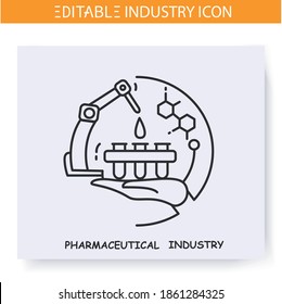 Pharmaceutical industry line icon. Chemical invention. Medicines production technology. Contemporary production branches concept. Isolated vector illustration. Editable stroke 