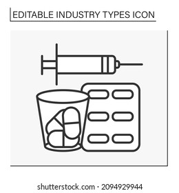  Pharmaceutical industry line icon. Produce, develop and distribute medicines. Drugs and injections.Business concept. Isolated vector illustration. Editable stroke