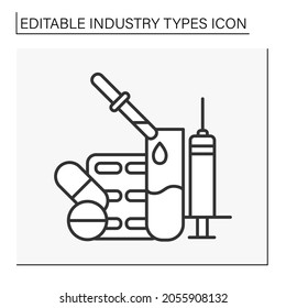  Pharmaceutical industry line icon. Research, mass production development and distribution of medicines. Medications and treatment.Business concept. Isolated vector illustration. Editable stroke