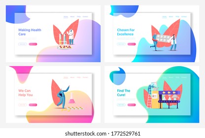 Pharmaceutical Industry Medical Drugs Producing Landing Page Template Set. Pharmacist Characters at Huge Production Line Conveyor Belt with Glass Beakers and Pills. Cartoon People Vector Illustration