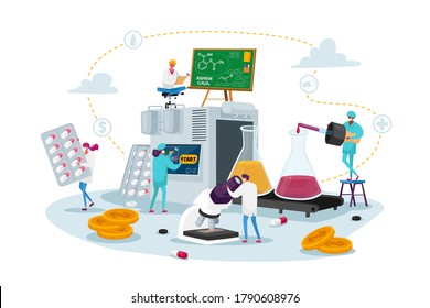 Pharmaceutical Industry Medical Drugs Producing At Factory. Tiny Pharmacist Characters At Huge Production Line Machine Conveyor Belt With Glass Beakers And Pills. Cartoon People Vector Illustration