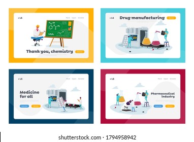 Pharmaceutical Industry Medical Drugs Producing Factory Landing Page Template Set. Tiny Pharmacist Characters at Huge Production Conveyor with Beakers and Pills. Cartoon People Vector Illustration