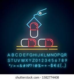 Pharmaceutical industry neon light icon. Drug sector. Conveyor automatic pills production line. Capsules manufacturing. Glowing sign with alphabet, numbers and symbols. Vector isolated illustration