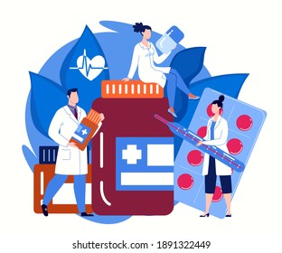 Pharmaceutical industry. Pharmacy concept. Pharmacists advise and sell medicines. Vector flat cartoon illustration.