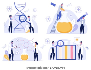 Pharmaceutical industry. Scientist laboratory. Genetic analysis, dna test. Medication, vaccine, drug development. Virus flu infection, coronavirus disease, health problems research. Doctor set