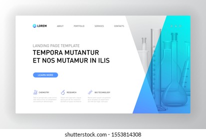Pharmaceutical landing page design with flasks and test tubes illustration. Suitable for medical presentation, horizontal booklet cover, flyer design, website slider, social media post.
