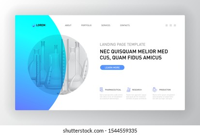 Pharmaceutical landing page with flasks and test tubes illustration. Good for medical horizontal brochure cover, website slider, presentation slide, social media advertising