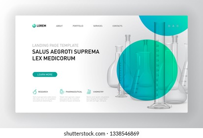 Pharmaceutical landing page template. Modern web page design concept layout for website. Vector illustration. Brochure cover, web banner, website slide.