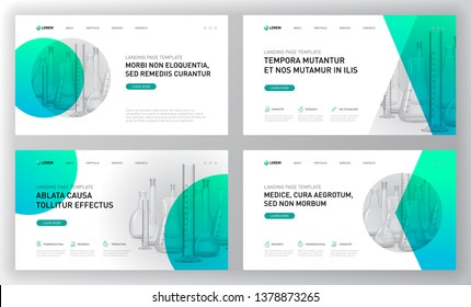 Pharmaceutical landing page template. Modern web page design concept layout for website. Vector illustration. Brochure cover, web banner, website slide.