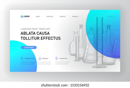 Pharmaceutical Landing Page Template. Modern Web Page Design Concept Layout For Website. Vector Illustration. Horizontal Brochure Cover, Web Banner, Website Slide.