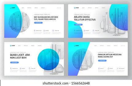 Pharmaceutical landing pages templates set with flasks and test tubes vector illustration. Suitable for medical presentation, horizontal booklet cover, flyer design, website slider, social media post.