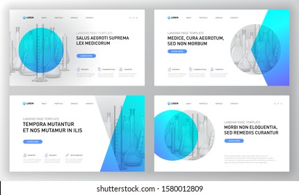 Pharmaceutical landing pages templates set. Medical web page design concept layout for website. Vector illustration. Horizontal brochure cover, web banner, website slide, powerpoint presentation.