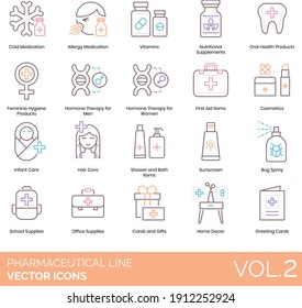 Pharmaceutical Line Icons Including Cold Medication, Allergy, Vitamin, Nutritional Supplement, Feminine Hygiene, Hormone Therapy, First Aid Item, Cosmetics, Care, Shower And Bath, Bug Spray, School.