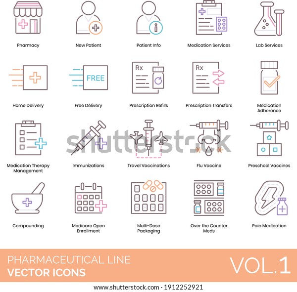 Pharmaceutical line icons including\
pharmacy, new patient, lab, home delivery, prescription refill,\
transfer, adherence, therapy management, travel vaccination, flu\
vaccine, preschool,\
compounding.