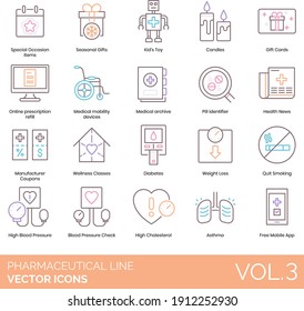 Pharmaceutical Line Icons Including Special Occasion Item, Seasonal Gift, Kids Toy, Candle, Giftcard, Online Prescription, Pill Identifier, Health News, Wellness Class, Diabetes, Weight Loss, Asthma.