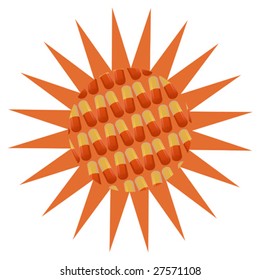 Pharmaceutical logo with sun and capsules isolated on white