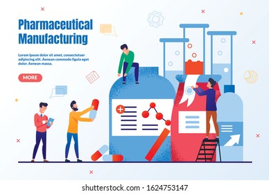 Pharmaceutical Manufacturing Trendy Flat Vector Web Banner, Landing Page Template. Pharmaceutical Company Workers Team, Scientist Group, Pharmacists Developing Together New Medicines Illustration