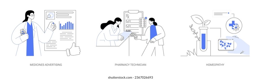 Pharmaceutical market abstract concept vector illustration set. Medicines advertising, pharmacy technician, homeopathy and alternative medicine, medication prescription abstract metaphor. svg