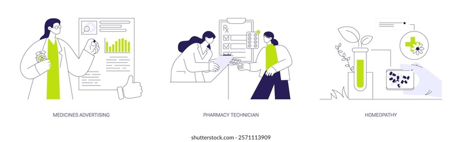 Pharmaceutical market abstract concept vector illustration set. Medicines advertising, pharmacy technician, homeopathy and alternative medicine, medication prescription abstract metaphor.