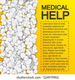 Pharmaceutical medical help poster with pills drugs and place for your text on yellow background vector illustration