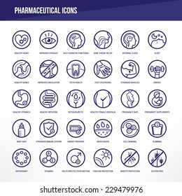Pharmaceutical medical icons set for medical packaging on organs and body health.