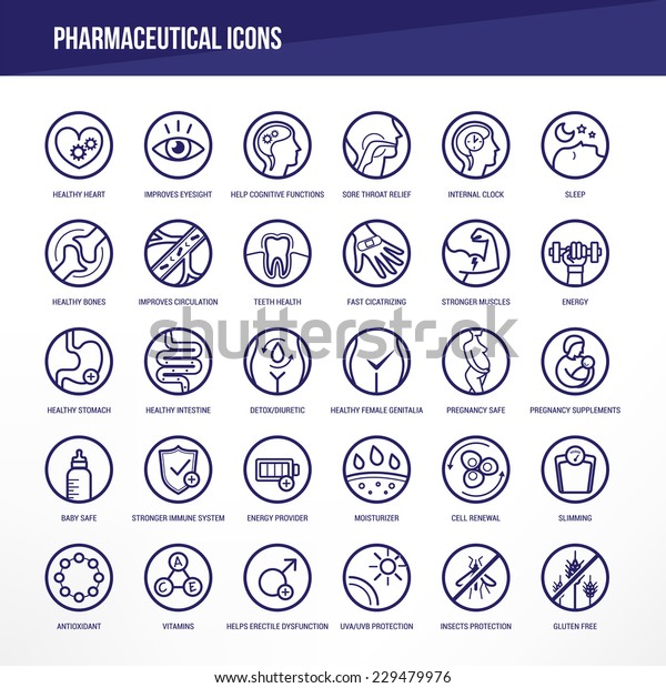 Pharmaceutical medical icons set for medical\
packaging on organs and body\
health.