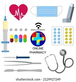 Pharmaceutical medications. Medicine, syringe, stethoscope on a white background. Medication, pharmaceutics concept. Flat style vector icon set.
