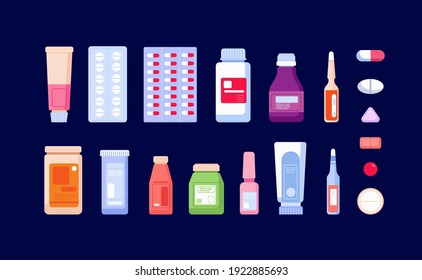 Pharmaceutical medications. Pharmacy bottle, medicinal drug and pills. Cartoon flat painkiller, drugstore antibiotic injections utter vector icons
