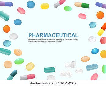  Pharmaceutical medicine concept with space for text. Assortment of pills on a light blue background, top view.