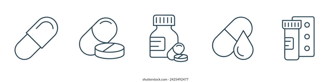 Pharmaceutical medicine and pill line icon. set of medicine icons, pills, capsules, drug store, pharmacy