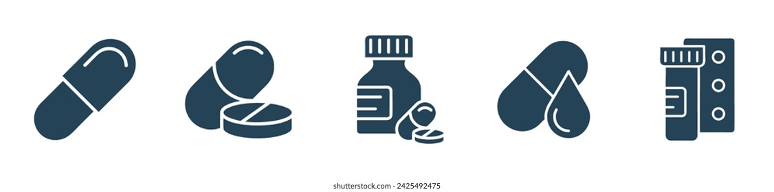 Pharmaceutical medicine and pill solid icon. set of medicine icons, pills, capsules, drug store, pharmacy