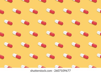 Pharmaceutical medicine pills. Capsule pattern isolated on yellow background. Medicine creative concept. Vector illustration