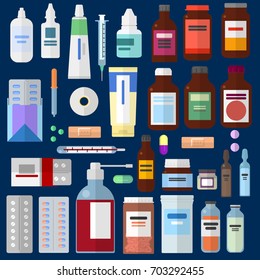 Pharmaceutical medicines elements collection, flat icons set, Colorful symbols pack contains - Medicine, pharmacy, hospital, drugs, syringe, pills, thermometer. Vector illustration. Flat style design