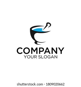 Pharmaceutical mortar and leaf logotype, alternative medicine sign. Vector flat color logo