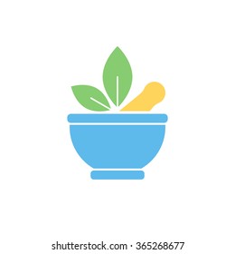Pharmaceutical mortar and leaf logotype, alternative medicine sign. Vector flat color logo